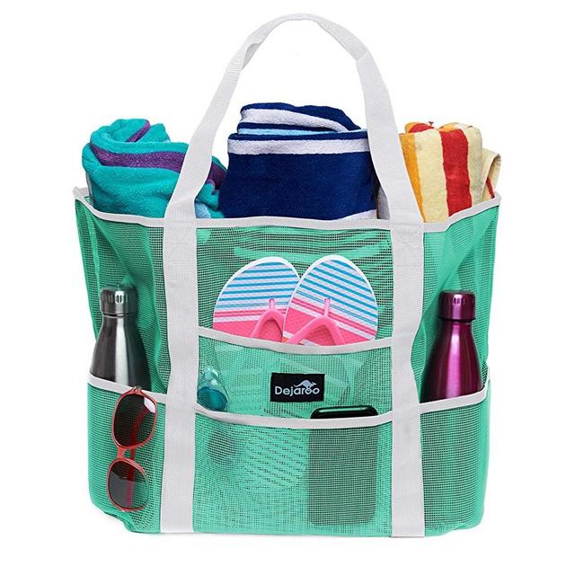 Dejaroo Mesh Beach Bag – Toy Tote Bag – Large Lightweight Market, Grocery & Picnic Tote with Oversized Pockets
