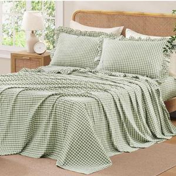 Sage Green King Size Cotton Gingham Sheets Set