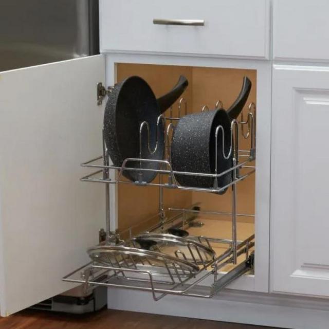 Pot and Pan Lid Organizer for Cabinet, 14 14 in. Sliding Pot and Lid Cookware Organizer, Chrome