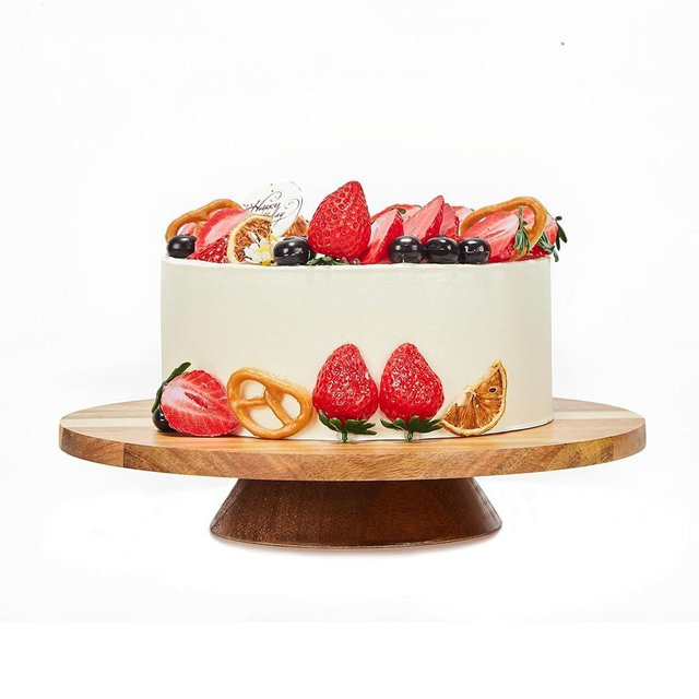 12" Acacia Wood Revolving Cake Stand, Rotating Cake Turntable, Wooden Rotating Display Stand for Cake, Cupcake Decorating Supplies