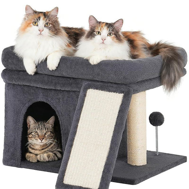 Aechonow 14‘’ Cat Tree Tower with Scratching Post, 20 * 16.5in Perch Bed for Large Adult Cats, Condo Cave for Indoor Small Medium Kittens, Dark Gray