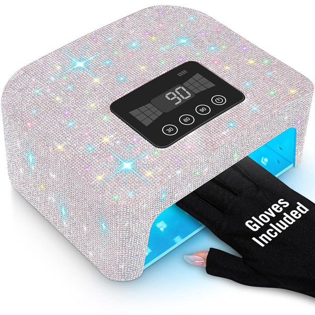 Aedavey Cordless UV Nail Lamp, Rechargeable UV Light for Gel Nails, LED Nail Lamp with 4 Timer Modes, Gel Nail UV Light Decorate with Sparkling Nail Rhinestones (Sparkly White)