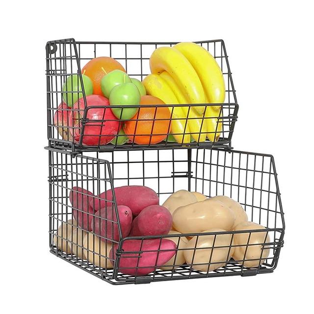 X-cosrack Fruit and Vegetable Basket,2-Tier Wall-mounted & Countertop Tiered Baskets for Potato Onion Storage,Stackable Kitchen Wire Storage Baskets for Fruit Veggies Produce Snack Canned Foods