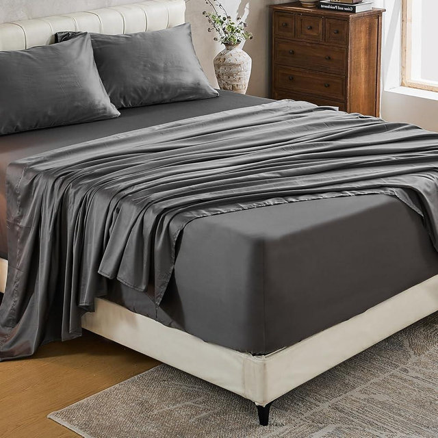 MEISHANG Extra Deep Pocket Cotton Sheets King Size - 100% Egyptian Cotton 1000 Thread Count - Fits 18"-24" in Deep Mattress,Oeko-Tex Certified, Soft & Breathable - 4 Piece (King, Dark Grey)