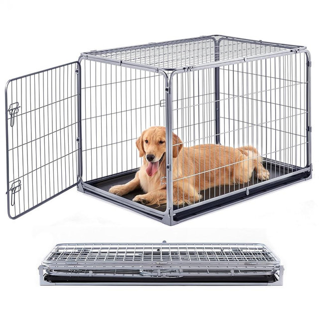 ZOMISIA Collapsible Dog Crate for Large Dogs - 42 inch Escape Proof Metal Dog Kennel with Double Door, Easy Assembly Foldable Dog Cage with Removable Tray, Indoor Outdoor Use, Silver Gray