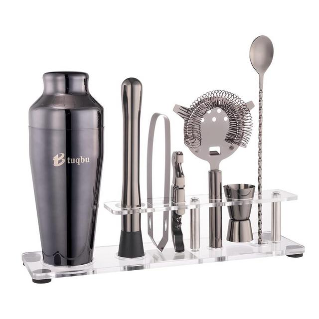 Btuqbu Cocktail Shaker Set with Arcylic Stand, Mixology Bartender Kit for Drink Mixing | Mixology Set with 7 Bar Set Tools Cocktail Kit (Black)