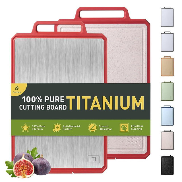 Titanium Cutting Boards for Kitchen Chopping Board with Handle Large Big Small Kitchen Meat Butcher Block 2 in 1 Pure Titanium and Wheat Straw PP Not Wood Bamboo Plastic Silicone Teak Red/Beige