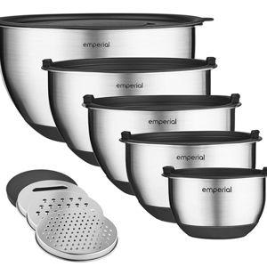 Emperial Mixing Bowls Set of 5 | Stainless Steel Nesting Bowls with Airtight Lids & 3 Grater Attachments | Non-Slip Bases with Measurement Marks | 4.7L, 2.8L, 1.9L, 1.4L & 0.6L