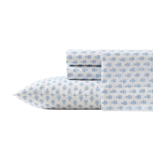 Laura Ashley - Full Sheets, Cotton Percale Bedding Set, Lightweight & Breathable Home Decor (Francesca Blue, Full)