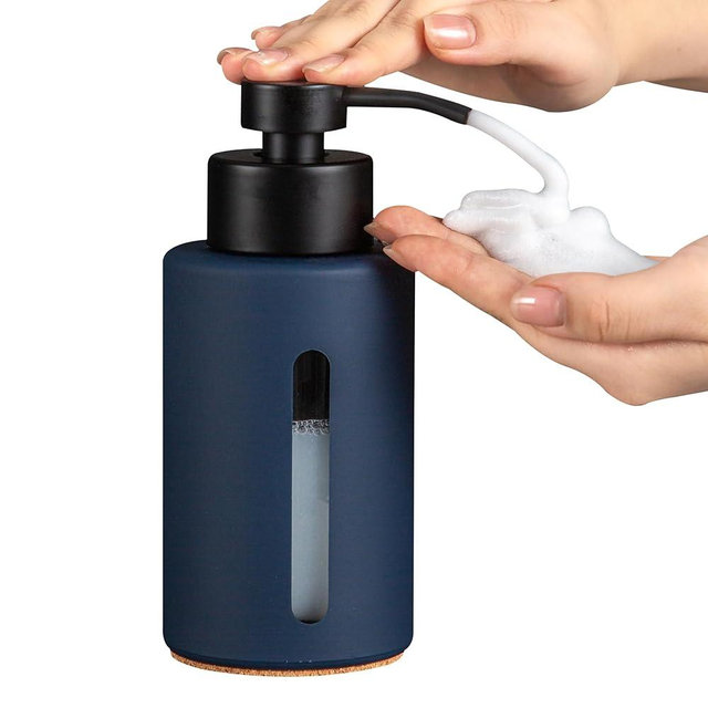 Enra Foaming Soap Dispenser with Window,12oz Blue Kitchen Soap Dispenser with Stainless Steel Hand Pump, Foam Modern Glass Refillable Bottle for Bathroom Kitchen (Blue Foam Dispenser)