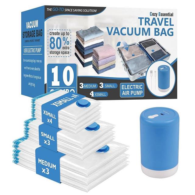 Cozy Essential Travel Vacuum Bags with Rechargeable Electric Pump, 10 Pack Vacuum Travel Bags for Luggage and Suitcase, Vacuum Seal Space Saver Compression for Clothes Clothing