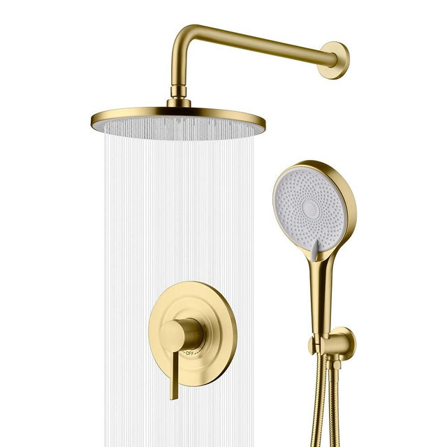sumerain Rain Shower System with 10 inch Rainfall Shower Head,Brushed Gold Shower Faucet Complete Set with Rough-in Valve and Trim Kit