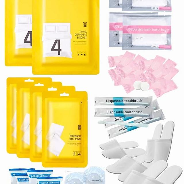 Extguds Disposable Travel Set : Bed Sheet×2+Duvet Cover×2+Pillow case×4+Bath Towels×4+Shower Caps×4+Plastic Bathtub Bag×4+Toilet Seat Covers×4+Compression face Towel×16+Toothbrushes×4+Slippers×4