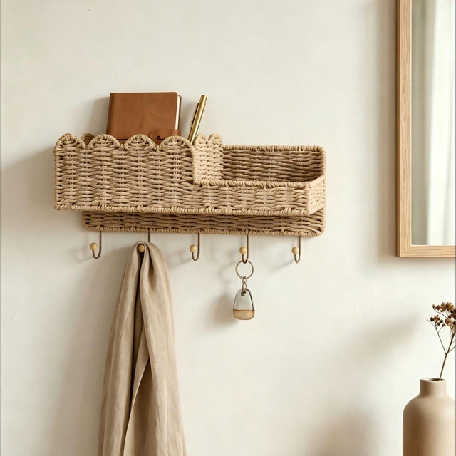 Paper Rattan Key Holder Scalloped Design 5 Hooks Wall Mount for Entryway