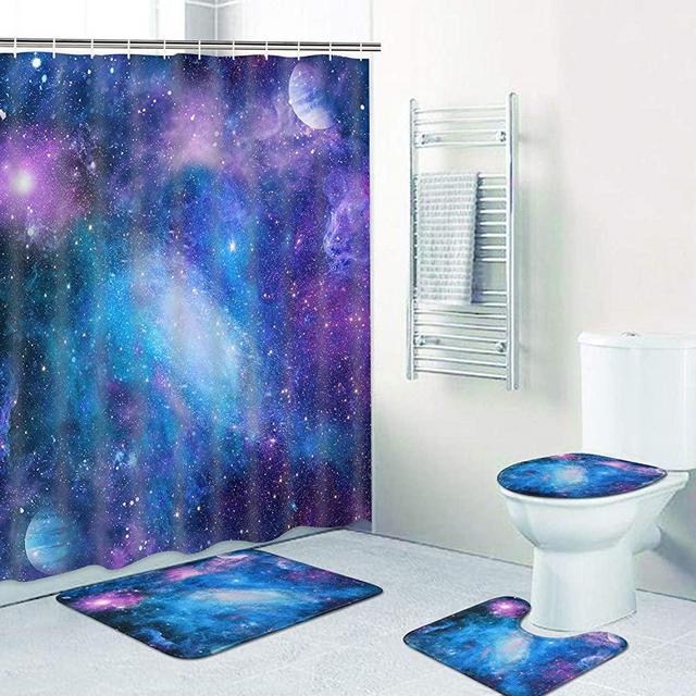 TAMOC 4 Pcs Purple Galaxy Shower Curtain Set with Non-Slip Rug, Toilet Lid Cover and Bath Mat, Starry Space Shower Curtain with 12 Hooks, Nebula Universe Bathroom Curtain, Waterproof, Durable