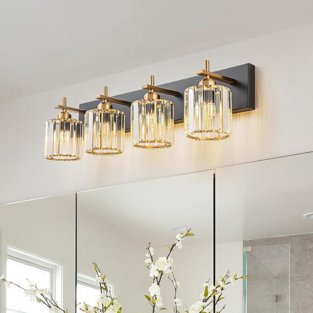 HUOKU Modern Crystal Bathroom Vanity Light, Black Gold 4-Lights Bathroom Light Fixtures Over Mirror, Crystal Wall Lighting with Polished Gold Finish