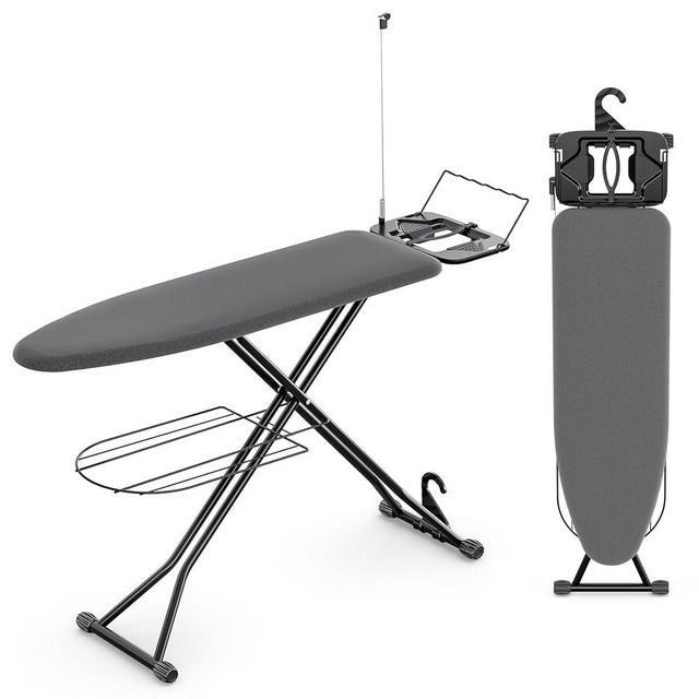 KINGBOARD Ironing Board, Compact Iron Board Full Size with Extra Thick Cover, 7 Adjustable Heights Iron Stand with Hanger and Iron Rest, Large Heavy Duty Ironing Board with Storage Tray, 13x43 Black