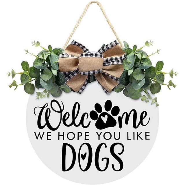 Welcome Sign for Front Door with Eucalyptus Leaves & Vibrant Bow - We Hope You Like Dogs Wooden Welcome Wreath Sign Farmhouse Door Hanger Sign Front Door Decor for Dogs Lovers Housewarming Gift