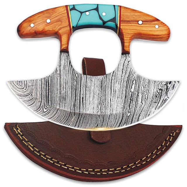 SHARDBLADE Alaskan Ulu Knife with Sheath, Handmade 5.5" Damascus Steel Pizza Cutter Rocker Knife with Non-Slip Wooden Handle, Premium Food Salad Chopper Knife, Traditional Inuit Eskimo Knife