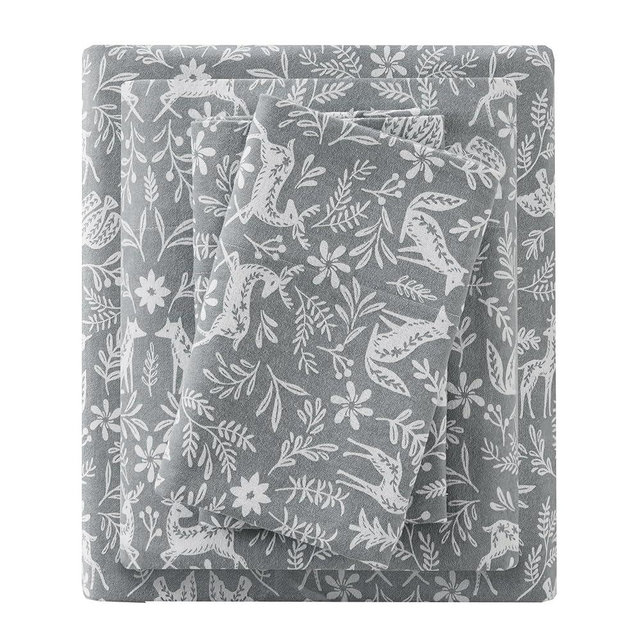 True North by Sleep Philosophy Flannel Sheets King Size, Cozy 100% Cotton Flannel Bed Sheets, Ultra Soft Cute Sheet Set, Novelty Print Themed Cold Weather Warm Bedding Set, Sage Winter Fauna, 4 Piece