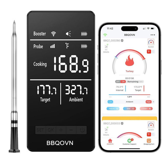 Smart WiFi Wireless Meat Thermometer Unlimited Range 7 NIST Cert.Sensors Accuracy ±0.5°F Sub-1G (10X Stronger Than Bluetooth) APP&Digital Base,Monitor for BBQ, Grill,Oven, Smoker(1, Black, Small)