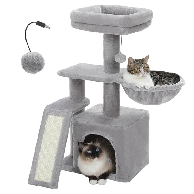 PETEPELA Cactus Cat Tree for Indoor Cats, 31.5'' Cute Cat Tower Cat Condo with Sisal Scratching Ramp, Cozy Hammock and Removable Top Bed Perch for Kittens, Grey