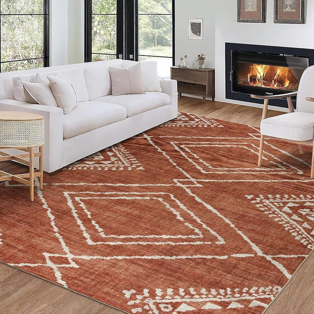 ReaLife Machine Washable Area Rug - Living Room Bedroom Bathroom Kitchen Entryway Office - Non Slip Low Pile Stain Resistant Premium - Moroccan Diamond Tribal - Jax - Orange 6' x 8'