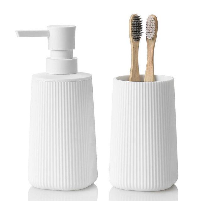 YAUKPH Bathroom Accessories 2 Piece Soap Dispenser and Toothbrush Holder Set Striped White