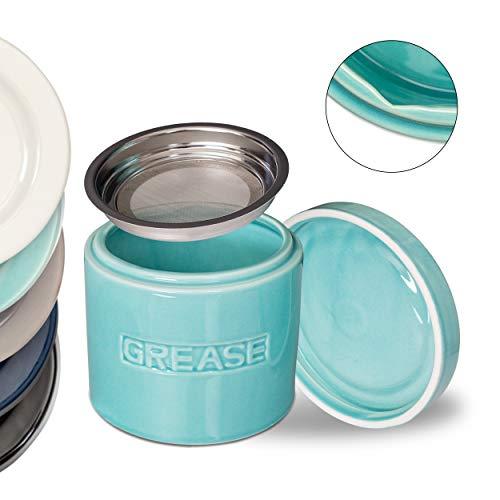 AQUA Bacon Grease Oil Container Storage Can Keeper w/Stainless Strainer Pour Spout Ceramic Porcelain Stoneware Fat Separator Filter Multiple Colors
