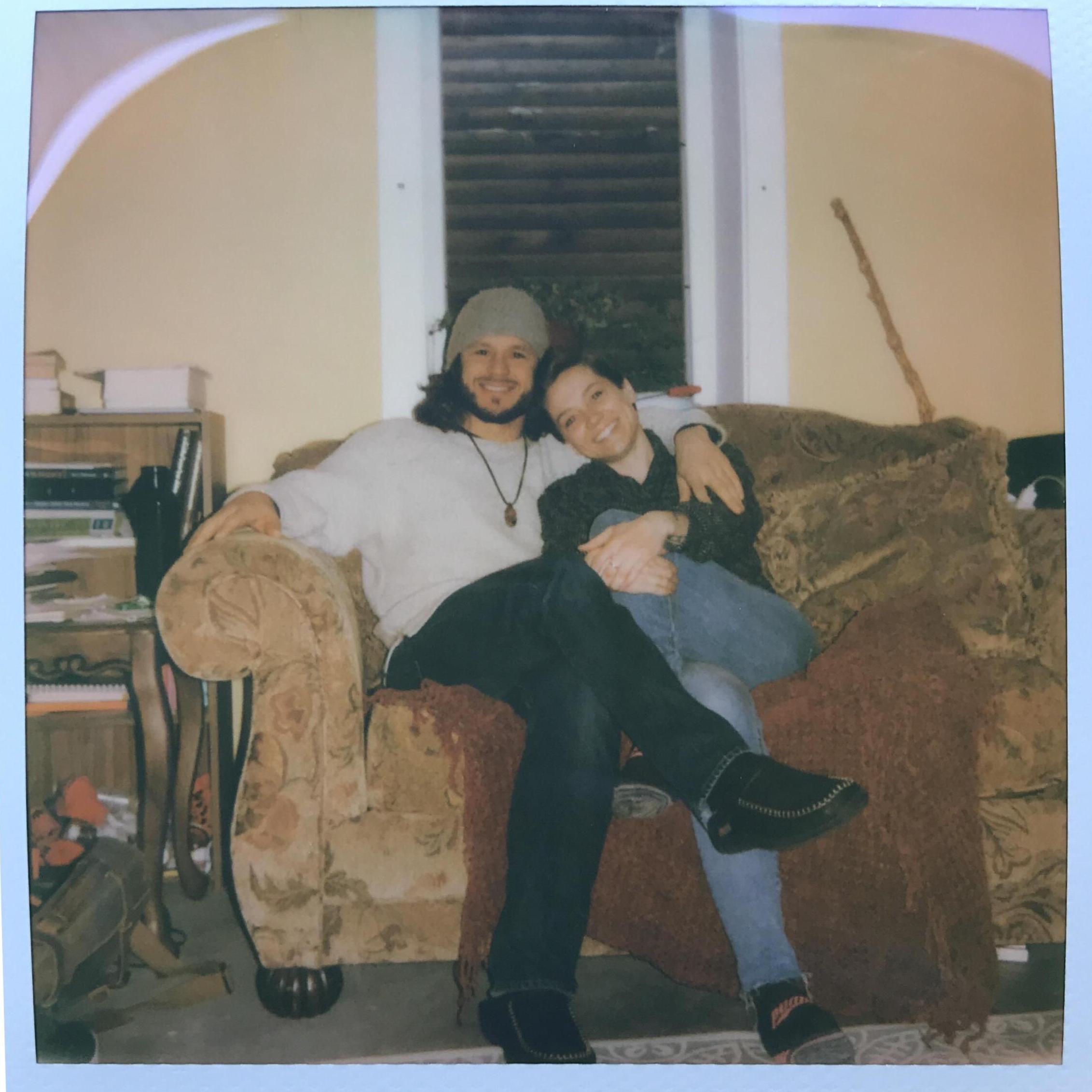 Our first picture together. Cozy in Grandma Lou's basement.