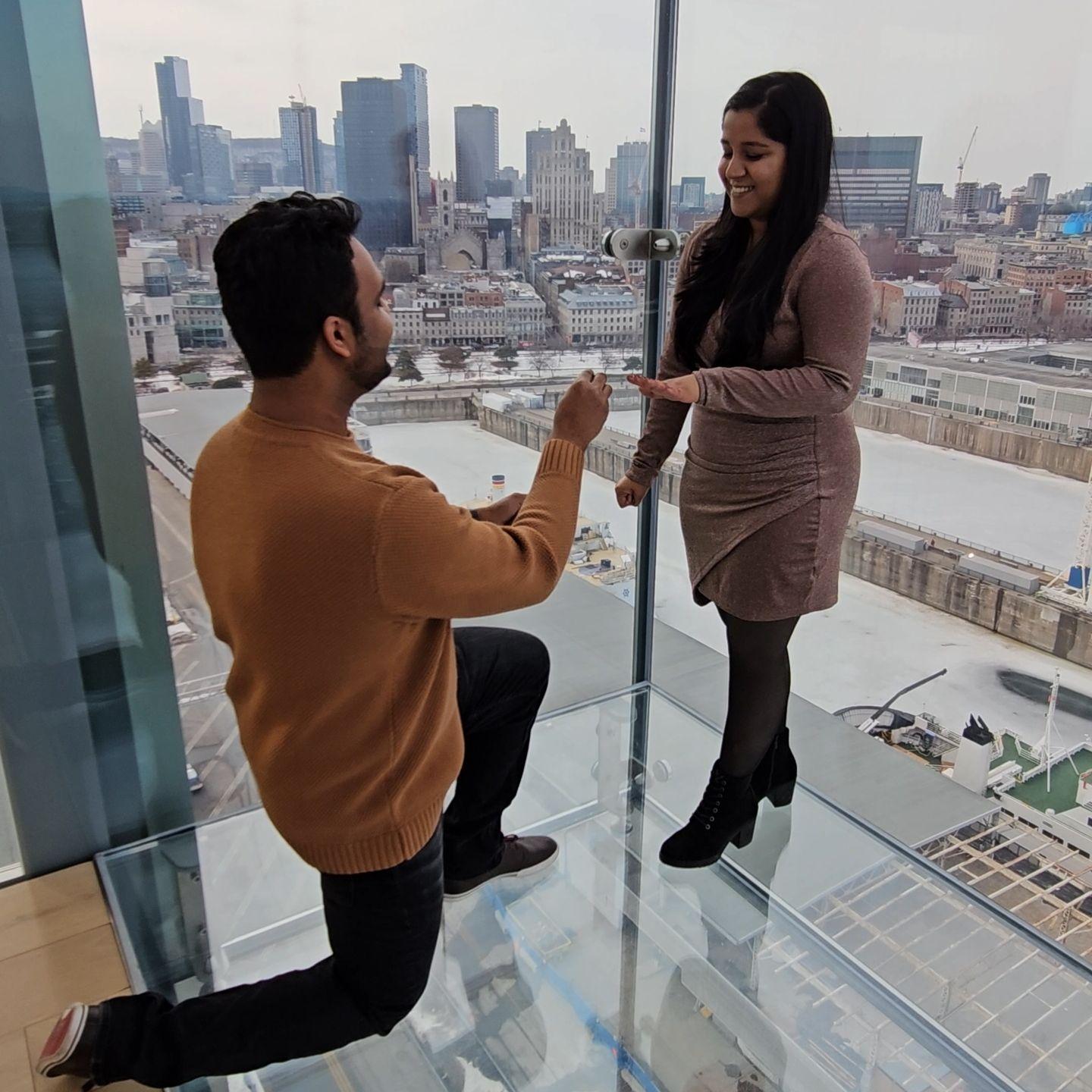 03.15.2025 She said Yes! atop Port of Montreal Tower. Everything was disguised as a birthday trip and planned with the help of siblings and cousins on both sides.