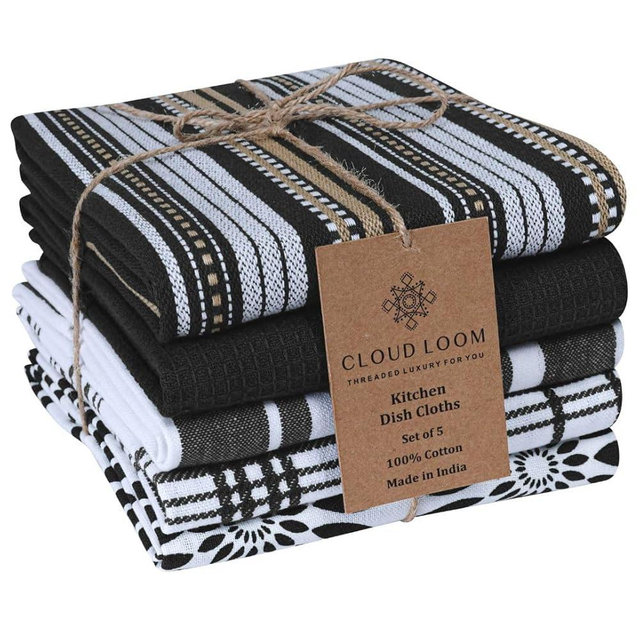 CLOUDLOOM Assorted Kitchen Towels Large 16x26 inch 100% Cotton Set of 5 - Soft Absorbent Washable Tea Towel for Kitchen - Dish Cloths Towel with Hanging Loop - Quick Drying Dish Towels Black