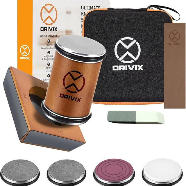 Orivix Rolling Knife Sharpener Kit – Magnetic 4-Angle Base, 3.86 Inches Longer Wooden Roller, 4 Grit Discs (1000/400 Diamond & 3000 Maroon / 6000 White Ceramic) and Leather Strop