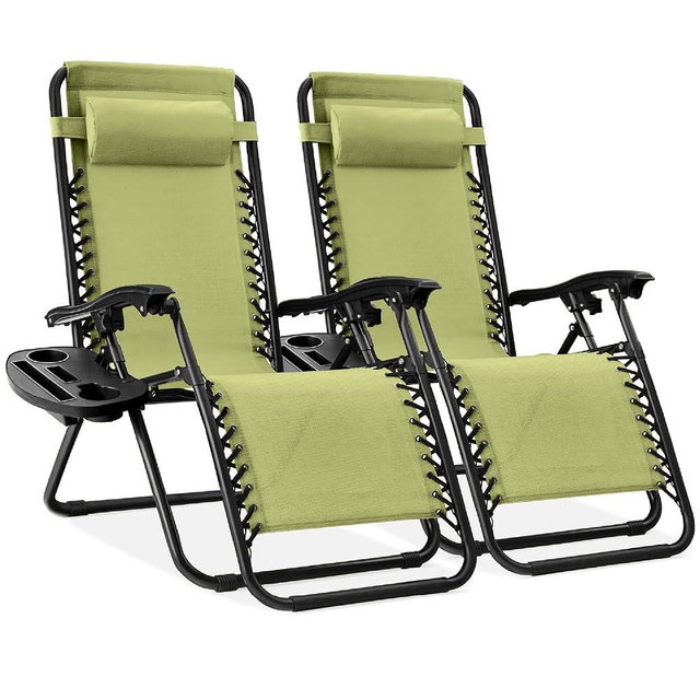 Best Choice Products Set of 2 Adjustable Steel Mesh Zero Gravity Lounge Chair Recliners w/Pillows and Cup Holder Trays - Dusty Green/Black