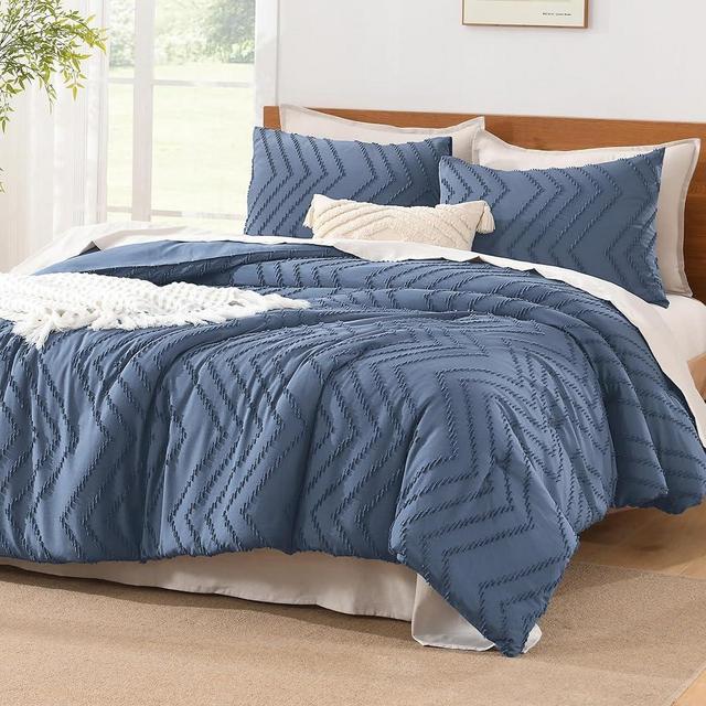 Litanika Comforter Oversized King Size Set Ocean Blue, 3 Pieces Chevron Tufted Solid Bedding Comforter Sets, Fluffy Bed Set