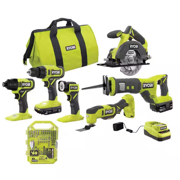 RYOBI ONE+18V Cordless 6-Tool Combo Kit with 1.5 Ah Battery, 4.0 Ah Battery, Charger & Reciprocating Saw Blade Set (15-Piece) PCL1600K2-A231501