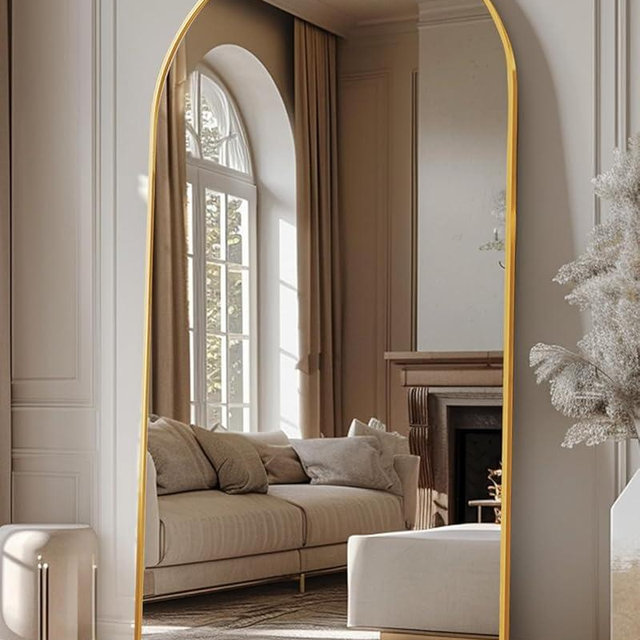 Full Length Mirror, 81"x41" Arched Floor Mirror Freestanding, Full Body Mirror Floor Standing Mirror with Stand for Bedroom, Hanging Mounted Mirror for Living Room Cloakroom, Gold