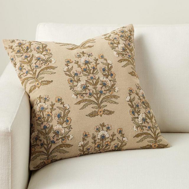 Desiree Floral Embroidered Throw Pillow Cover, 20" x 20", Flax Multi