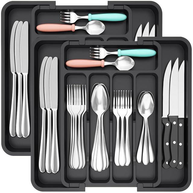 Lifewit Silverware Drawer Organizer, Expandable BPA Free Utensil Tray for Kitchen, Adjustable Flatware and Cutlery Holder for Spoons Forks Knives, Plastic Kitchen Organizers and Storage, Black