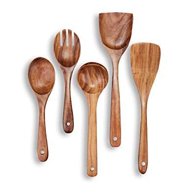 Wooden Spoons, Beauty Kate Wooden Cooking Utensils Set Kitchen Utensils for Nonstick Cookware, Handmade by Natural Teak Wood, Set of 5 Pcs
