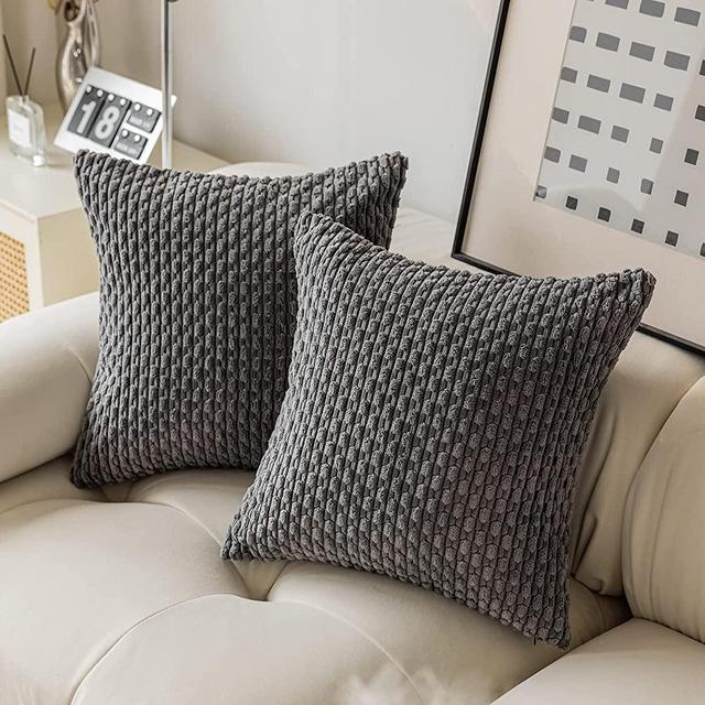 Kevin Textile Corduroy Striped Soft Soild Decorative Square Throw Pillow Covers Set Cushion Cases Pillowcases for Sofa Bedroom, 2 Pcs, 24x24inch, Dark Grey