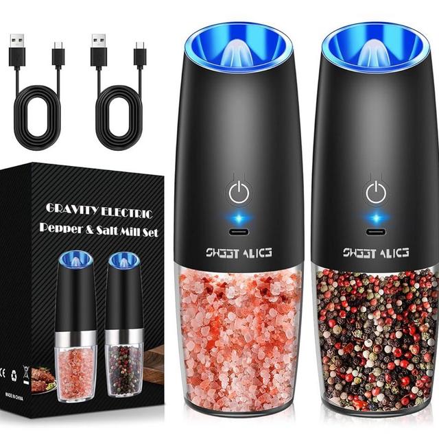 Rechargeable Electric Pepper and Salt Grinder Set, No Battery Needed, whit Gravity Sensing Switch and LED Light, One Hand Automatic Operation, Black 2 Pack