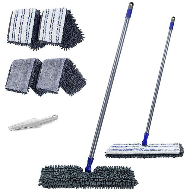 Microfiber Flip Flat Dust Mop 16.8" Reversible Floor Mop with 4 Washable Mop Pads Refills and 1 Cleaning Comb for Hardwood Laminate Ceramic Marble Tile Floors Cleaning