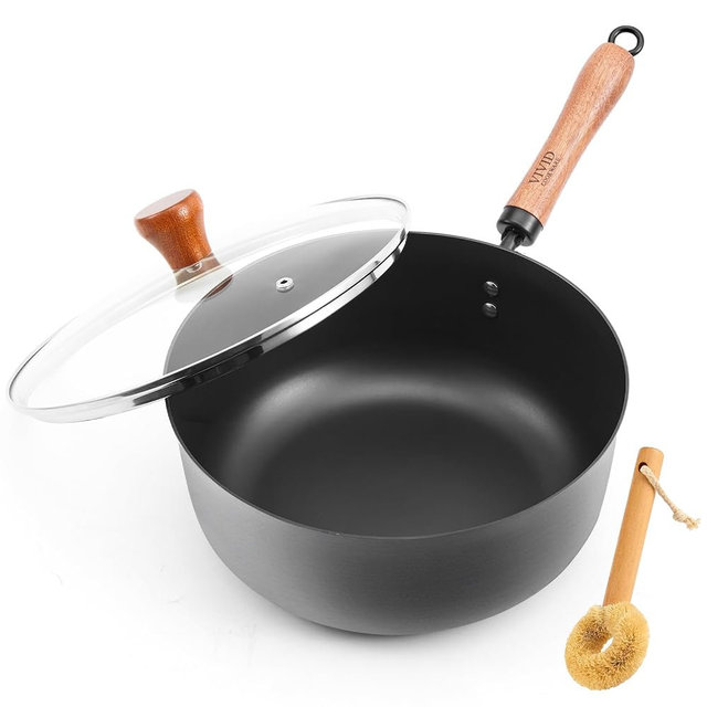 VIVIDCOOKWARE Carbon Steel Wok Pan with Lid, 9.8 Inch 4 Qt Deep Wok, Flat Bottom Nitrided Carbon Steel Pan with Wooden Handle for Stir Fry, Soup, Braising & Noodles, Gas, Electric, Ceramic & Induction