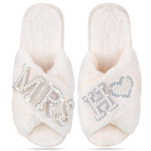 Tarpop Personalized Initial Bride Slippers Mrs Pearl Slippers Wedding Slippers for Bride Bridal Shower Gifts for Wedding Day