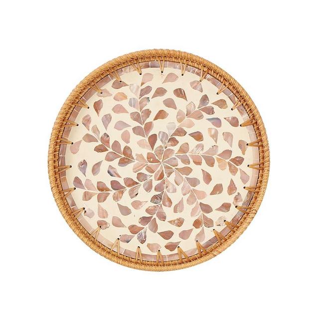 Round Rattan Tray with Mother of Pearl Inlay, Rattan Serving Tray with Wooden Base, Decorative Wicker Basket for Table Decor, Storage and Display of Coffee Bread Food Fruit (Wicker)