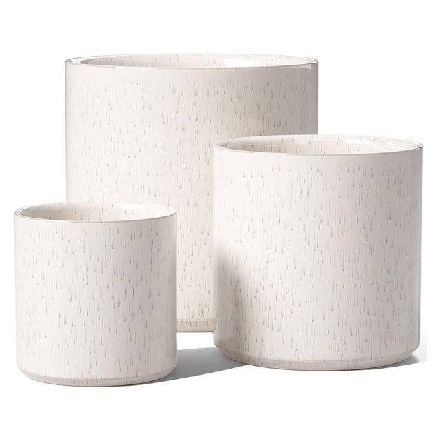 LE TAUCI Ceramic Plant Pots Indoor, 10+8+6 Inch Planters for Indoor Plants, Mid-Century Modern Flower Pots with Drainage Hole and Plug, Cylinder Round Planters, Set of 3, Reactive Glaze Beige