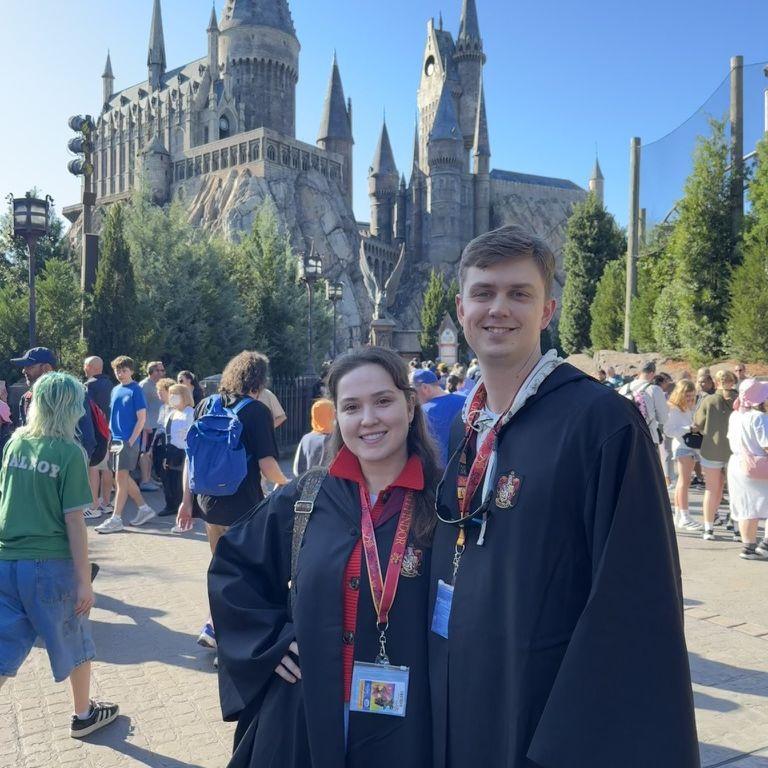 When a new Harry Potter book released when she was a kid, Kutsev would read to completion without sleeping. Pictured is her first theme park experience ever in Orlando.