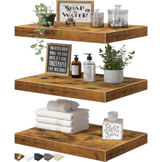 QEEIG 10" Deep Floating Shelves for Wall - 10 x 16 inch Book Shelf Bathroom Bedroom Kitchen Living Room Hanging Bookshelf Farmhouse Set of 3, Rustic Brown (025-40BN3)