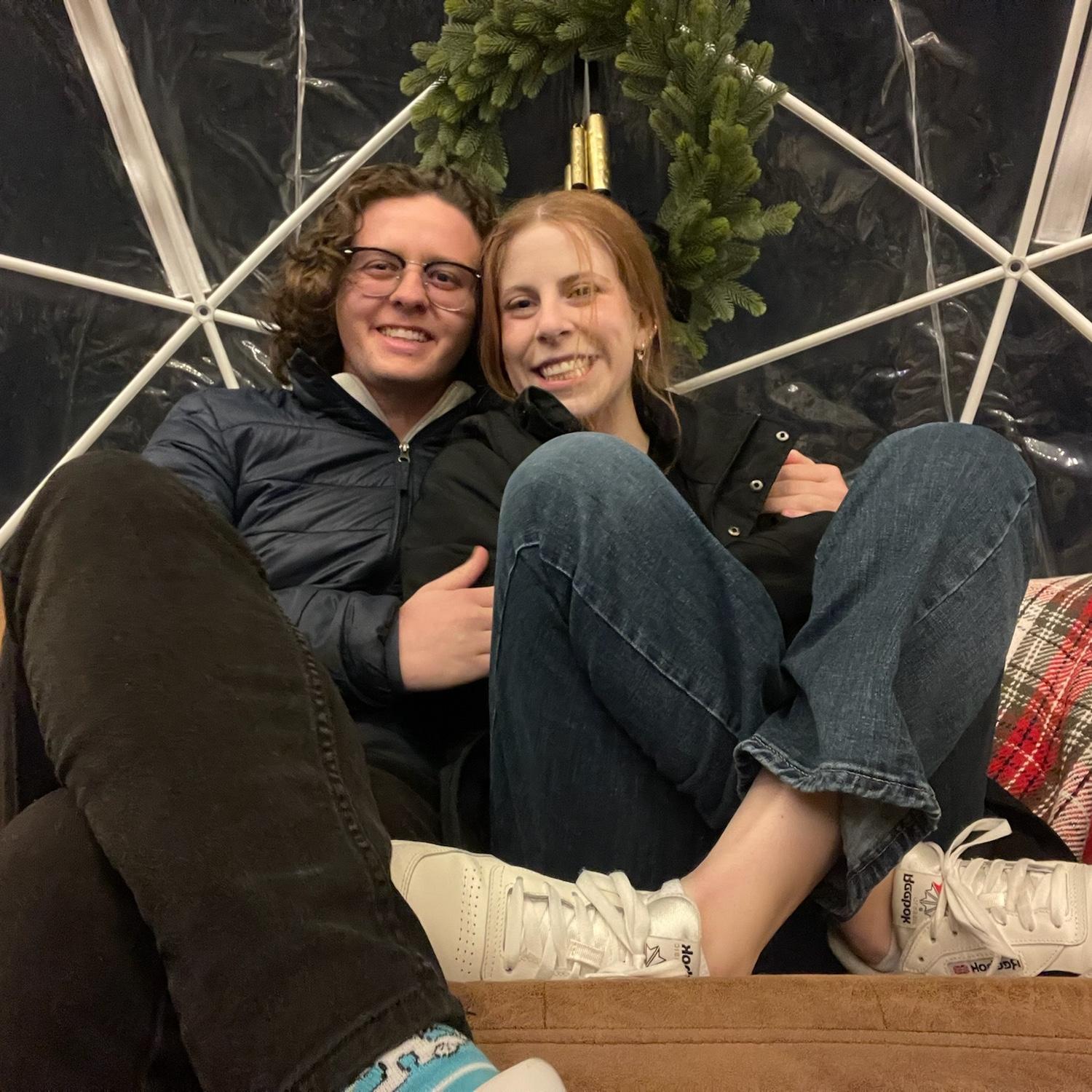 Our first picture together! Taken at Chicken and Pickle, Jacob rented out an igloo for a dinner date!